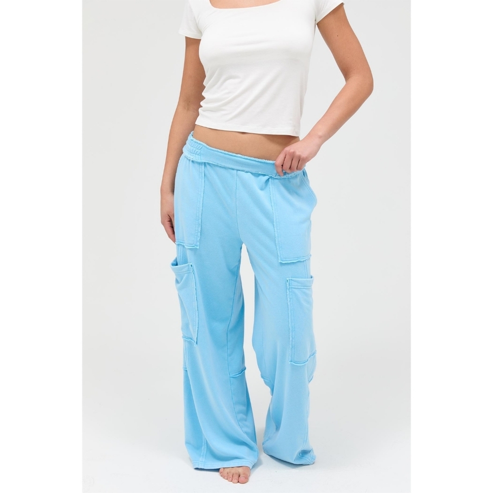 CloudDweller Blue Mineral Washed Cotton Butter Soft Wide Leg Cargo Sweatpants